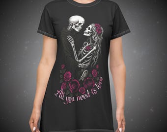 Halloween Gothic Skeleton Couple T-Shirt Dress: Alternative Romantic Fashion