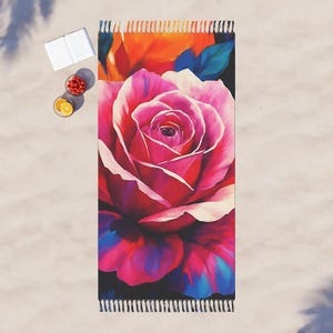 Boho Floral Beach Towel ,Oversized Rose Print ,Colorful Round Fringe Towel ,Summer Sand Blanket ,Vibrant Poolside Towel ,boho beach towel