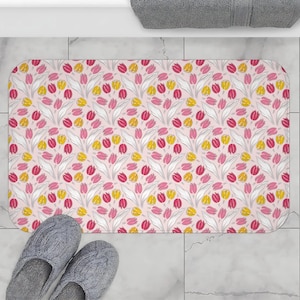 Pink Tulip Bath Mat: Floral Microfiber Rug for Nursery & Powder Room