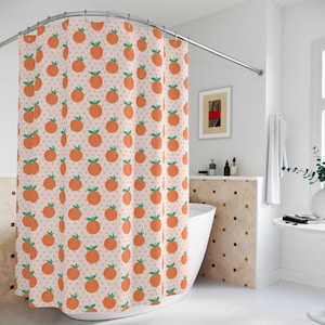 Cute Orange Fruit Shower Curtain | Fun Peachy Bathroom Decor | Kawaii Citrus Pattern Curtain for Kids or Modern Home | Playful Fruit Print