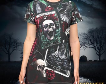 May include: Black dress featuring a tarot card design with skulls, roses, and the word "DEATH". The dress has short sleeves and a crew neck. The design includes a skull with an open mouth, surrounded by red roses and green leaves.