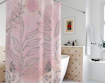 Pink Glitter Leaf Shower Curtain: Botanical Butterfly Design