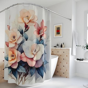 Floral Shower Curtain ,Peach & Blush Watercolor Flowers | Elegant Botanical Bathroom Decor | Vintage Romantic Bathroom Curtain