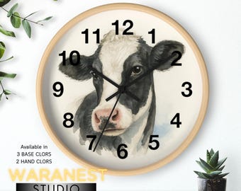 Holstein Cow Wall Clock: Farmhouse Kitchen Decor, Rustic Wood Frame