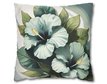 Tropical Hibiscus Pillow Cover: Green Botanical Accent Pillow
