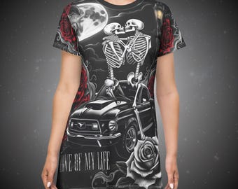 Halloween Gothic Skeleton Couple T-Shirt Dress: Romantic Halloween Fashion