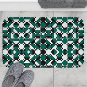 Geometric Bath Mat: Green & Gold Leaf Design, Memory Foam, Non-Slip