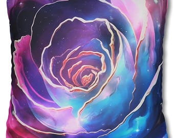 May include: Square throw pillow featuring a vibrant, artistic rendering of a rose. The design showcases a galaxy-like pattern with shades of blue, purple, pink, and white. The rose petals have white outlines, creating a striking contrast. The pillow is a decorative home accent.