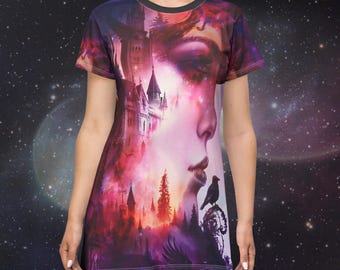 Halloween Galaxy Witch T-Shirt Dress: Mystical Starry Night AOP Dress