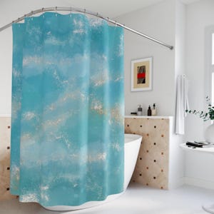 Aqua Blue Gold Shower Curtain: Watercolor Art, Modern Bath Decor