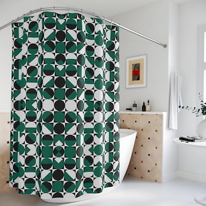 Geometric Shower Curtain: Retro Green Black White Circles, Mid-Century Modern Bath Decor