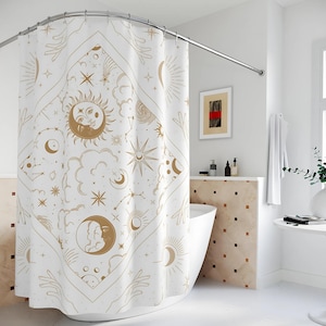 Boho Celestial Shower Curtain: Gold Moon & Stars Print