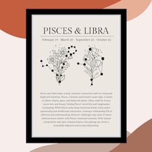 Puede incluir: Ilustración en blanco y negro de líneas de arte de los signos astrológicos Piscis y Libra con el texto "Pisces & Libra" y "February 19 - March 20 September 23 - October 22". La ilustración presenta dos ramos de flores con constelaciones en el fondo.