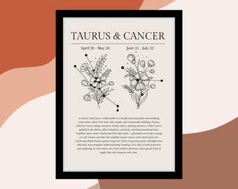 Taurus and Cancer Zodiac Compatibility Print: Home Decor For Couples (Instant Download)
