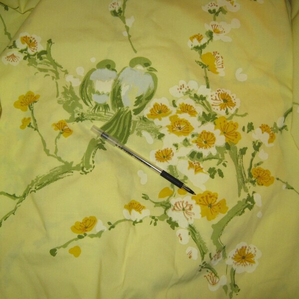 Vintage queen flat sheet Grey Birds on Yellow