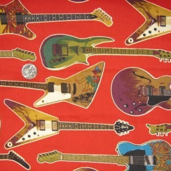 Electric Guitars by the yard  54 inch wide redec fabric  RED perfect for curtains or cushions