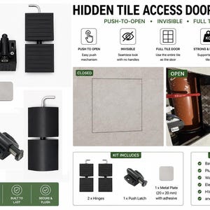 Può includere: Un kit di cerniere per sportello di ispezione a scomparsa con cerniere nere, una chiusura a pressione e una piastra metallica da 20 x 20 mm. Il kit include componenti per un sistema di apertura a pressione invisibile per porte piastrellate.