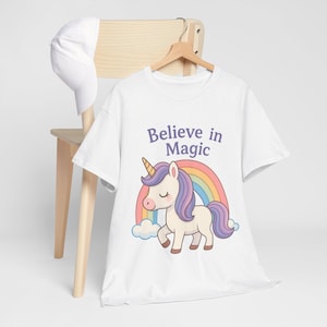 Believe in Magic Unicorn T-Shirt | Cute Kawaii Rainbow Unicorn Tee, Whimsical Gift for Her, Pastel Unisex Shirt, Magical Graphic Tee