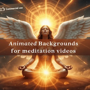 May include: A woman with white angel wings sits in a meditative pose with a bright golden light behind her. The text "Animated Backgrounds for meditation videos" is displayed in front of her.