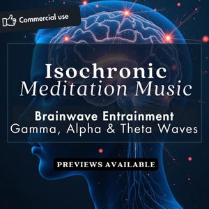 Peut inclure: Une illustration bleue et rouge d'un cerveau humain avec des points rouges lumineux. Le texte "Isochronic Meditation Music" est écrit en lettres blanches sur un fond noir. Le texte "Brainwave Entrainment Gamma, Alpha & Theta Waves" est écrit en lettres blanches sur un fond noir. Le texte "PREVIEWS AVAILABLE" est écrit en lettres blanches sur un fond noir.