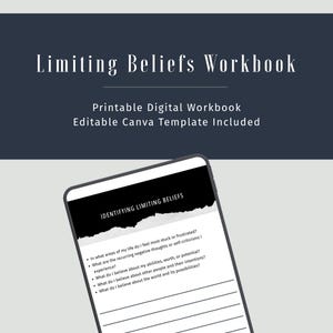 May include: A digital workbook titled "Limiting Beliefs Workbook" with the text "Printable Digital Workbook" and "Editable Canva Template Included." The image shows a smartphone displaying a page titled "Identifying Limiting Beliefs" with related questions. The background is a dark blue and light gray.