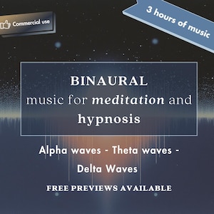 Pode incluir: Uma ilustração digital sobre um fundo azul escuro com texto branco que diz "BINAURAL música para meditação e hipnose Ondas alfa - Ondas theta - Ondas delta VISUALIZAÇÕES GRATUITAS DISPONÍVEIS" com um ícone de polegar para cima e o texto "Uso comercial" no canto superior esquerdo e um retângulo azul com o texto "3 horas de música" no canto superior direito.
