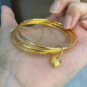 Three Stackable Bangle Set:24K Pure Gold,Mixed Texture Cuffs Bracelet,Heart Pendant.
