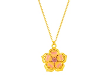 Handmade 24K 999 Gold Pink Flower Necklace，Fresh Floral Pendant，Pure Gold Vacation Jewelry，Anniversary Gift for Her.G0761