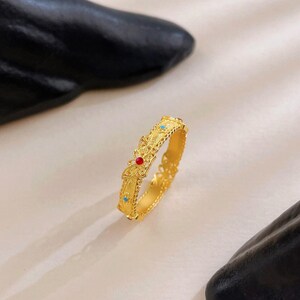 Butterfly Crown Exquisite Carved Ring: 24K Genuine Gold, Band Jewelry, Ruby And Blue Gemstone