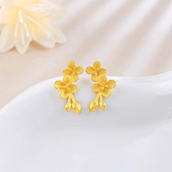 Double Flower Long Stud Earrings: 24K Pure Gold, Floral Design, Leaves Jewelry