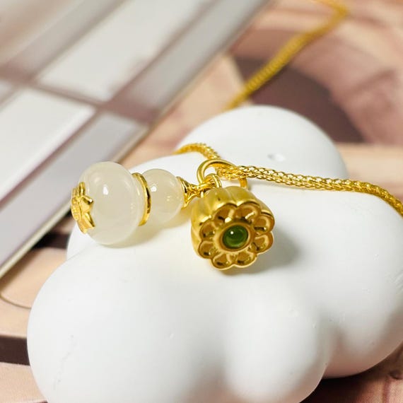 24K Pure Gold Lotus Pendant Necklace: White Jade Gourd Inlay