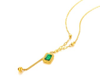 24K Gold Emerald Necklace: Vintage Green Gemstone Tassel Pendant