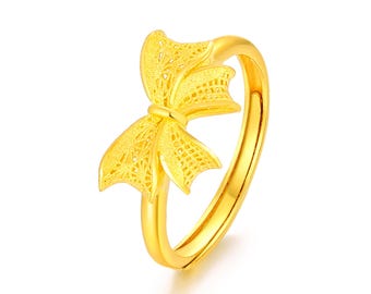 24K Solid Gold Bow Ring: Adjustable Delicate Gold Jewelry