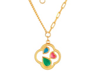 Collana in oro massiccio 24 carati con diamanti: ciondolo con pietra preziosa, rubino, zaffiro, smeraldo