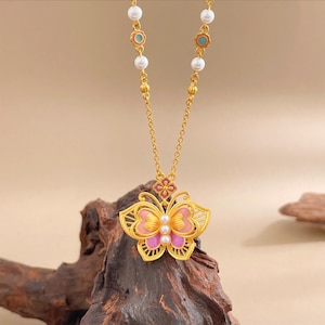 Large Pink Butterfly Pendant Necklace: 24K Pure Gold, Natural Pearl, Hollow-Out Pattern