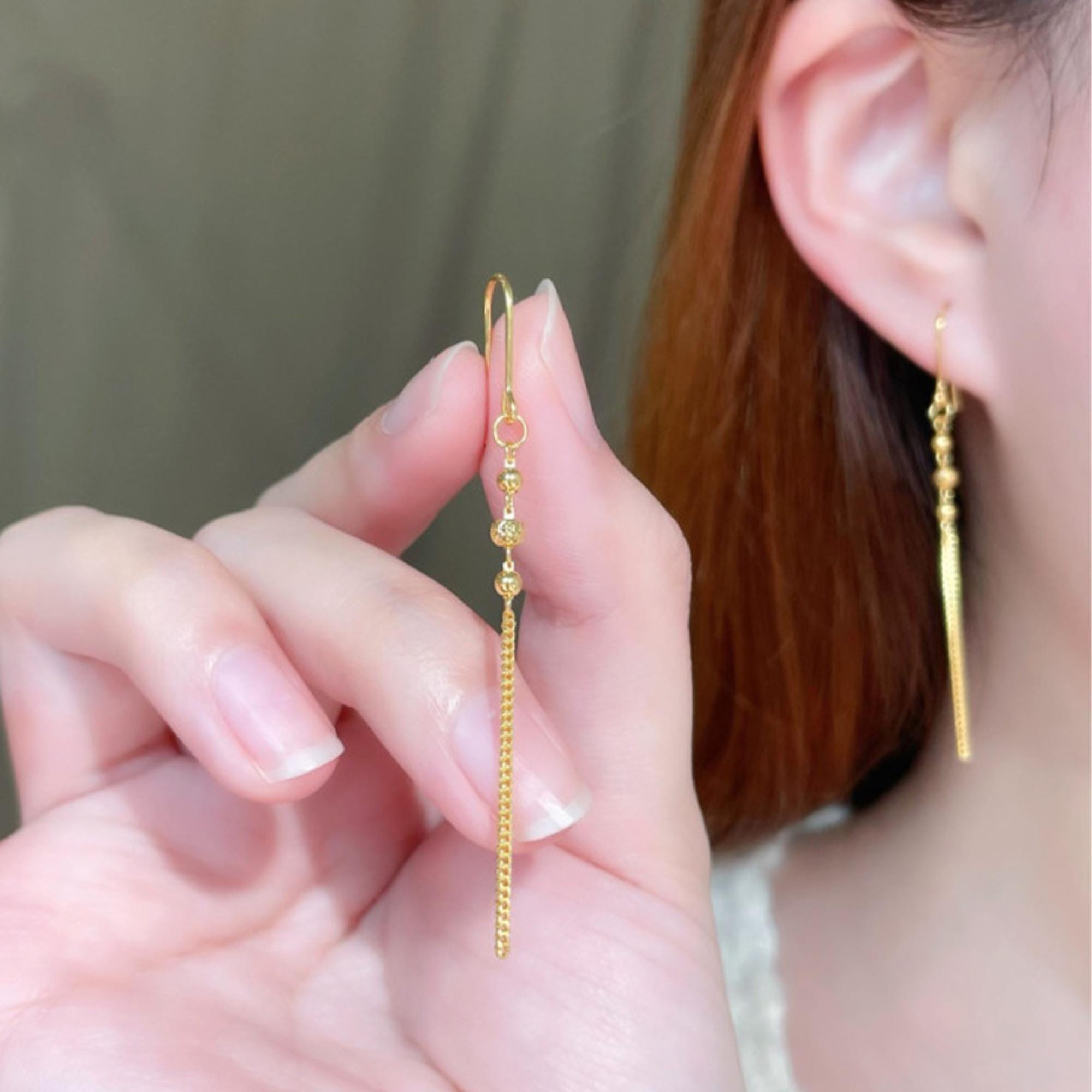 24K Solid Gold Drop Earrings: Tassels Design, Long Drop, Handmade Women ...