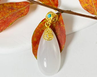 24K Solid Gold Waterdrop Jade: Handmade Gemstone Pendant