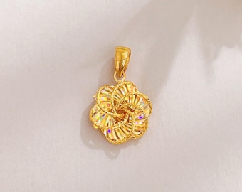 Handmade 24K Gold Floral Jewelry:  Solid Necklace Pendant, Spinning Small Flower, Charms