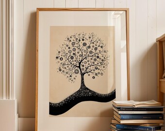 Estampado de árbol: Armonía sagrada en negro y beige