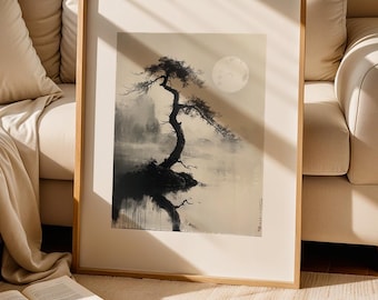 Lámina artística Sumi-e: Resonancia a la luz de la luna