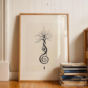 May include: A black and white print of a stylized tree with a spiral trunk in a wooden frame. The print is hanging on a white wall above a stack of books.