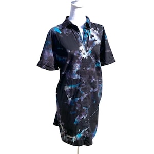 Large Black Reverse Tie Dye T-Shirt Dress - Shimmering Blues Purples Grays - Full Button Up Collared