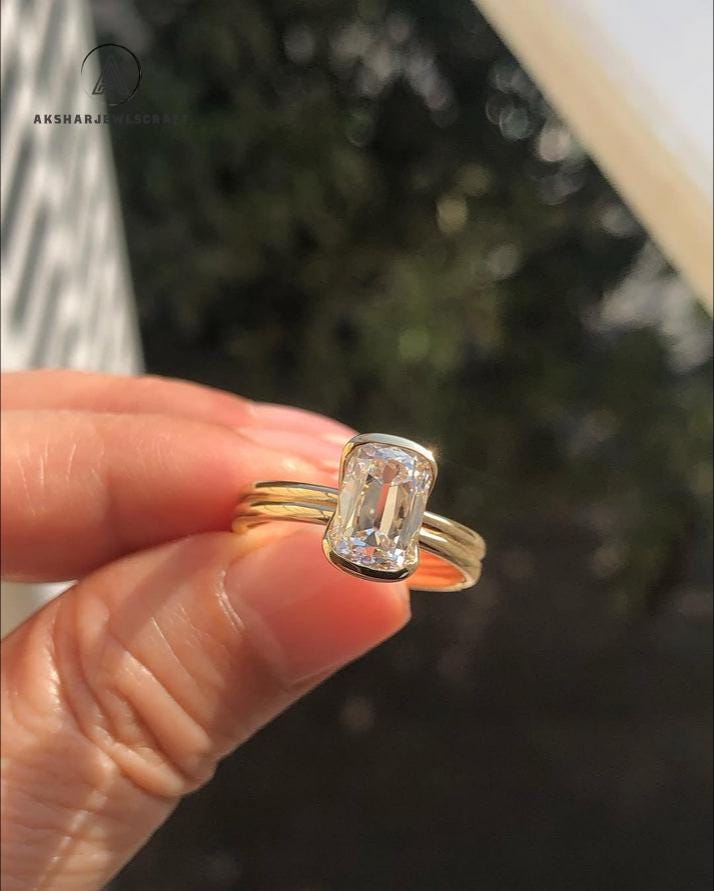 3.0ct Cushion Cut Moissanite Engagement Ring: Vintage 14K Gold Double Band