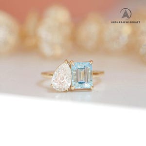 Aquamarine Emerald Toi et Moi Ring: Pear Moissanite Engagement Ring