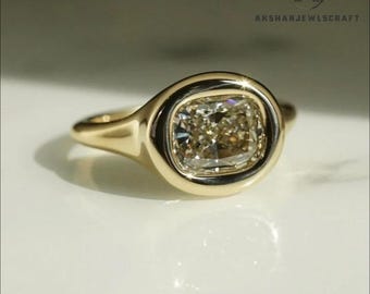 2.8ct White Cushion Cut Moissanite Ring: Bezel Set Signet Shank