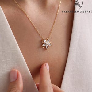Marquise Cut Diamond Flower Pendant | 14K Gold Floral Necklace | Dainty Gold Pendant for Women | Moissanite Necklace Gift for Her