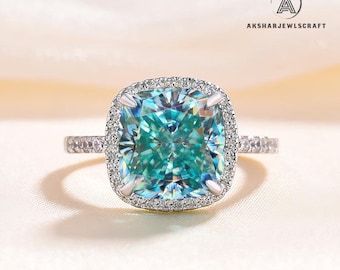 4 Carat Cushion Cut Cyan Blue Moissanite Halo Engagement Ring