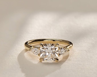 2CT Cushion Cut Moissanite Three-Stone Engagement Ring with Pear Side Stones in 14K Yellow Gold for Weddings, Anniversaries & Valentine’s