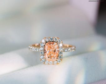1.35cts Fancy Intense Orange Pink Diamond Ring, Cushion Cut, VVS Clarity in 18K Rose Gold | Unique Engagement Ring | Women&#39;s Gift