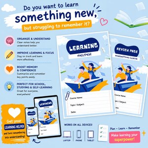 Può includere: Un modello di pianificatore di apprendimento digitale con il testo Learning Helper e Review Page Forgetting Curve. Il design include illustrazioni di persone su un libro, icone di organizzazione e campi per corso, argomento e data.